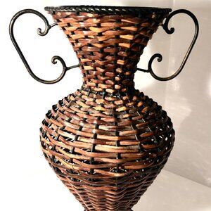 Vintage Wicker Boho Vase with Metal Frame.
